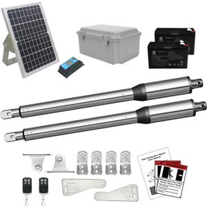 JUJIANG C01 Solar Gate Opener with Batteries & Solar Panel for Dual Swing Gates Up to 440lb 12FT per Arm Automatic Gate Opener with Remote Complete Kit Light Duty Automatic Gate Openers Solar Powered