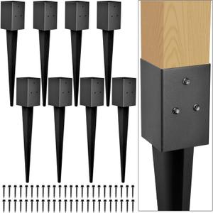 Fence Post Anchor 4''x4'', Heavy Duty Metal Fence Post Anchor Ground Spike 24''x4''x4'' for Fence, Mailbox, Bird feeder, Decking, Banner, ... with The Black Powder Coating Cover on The Surface (Set 8)