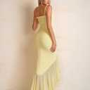 KUTUMAI Elegant Ruffle Long Formal Wedding Guest Dress Ruched Bodycon Slit Maxi Cocktail Dresses for Women (Yellow, XL)