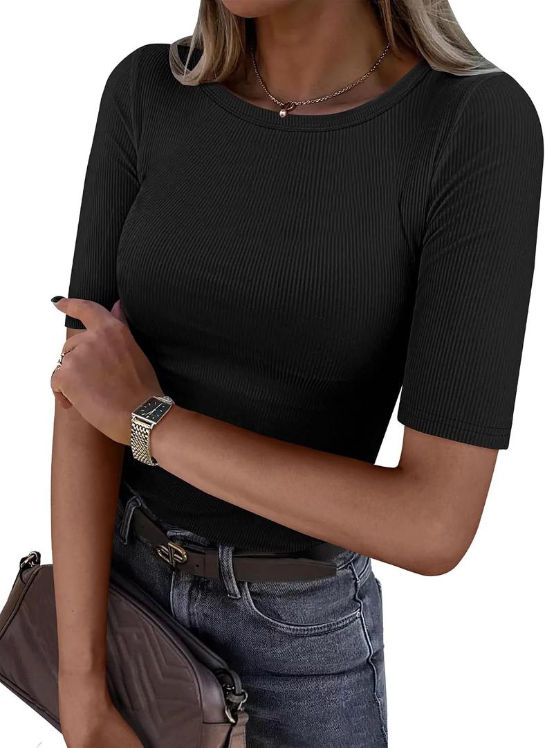 ANRABESS Womens Half Sleeve Crewneck Tops Ribbed Knit Slim Fit Shirts Basic Tee 2026 Spring Summer Dressy Casual T-Shirts (Black, M)