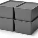4 Pcs Storage Bins with Lids Plastic Stackable Containers for Classroom Room Organizing Shelves Christmas Ornament Box Baskets(Gray,Large)