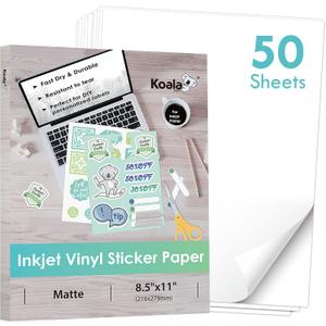 Koala Printable Vinyl Sticker Paper for Inkjet Printer - 50 Sheets Matte White Waterproof Sticker Printer Paper, 8.5x11 Inch, Work with Cutting Machine
