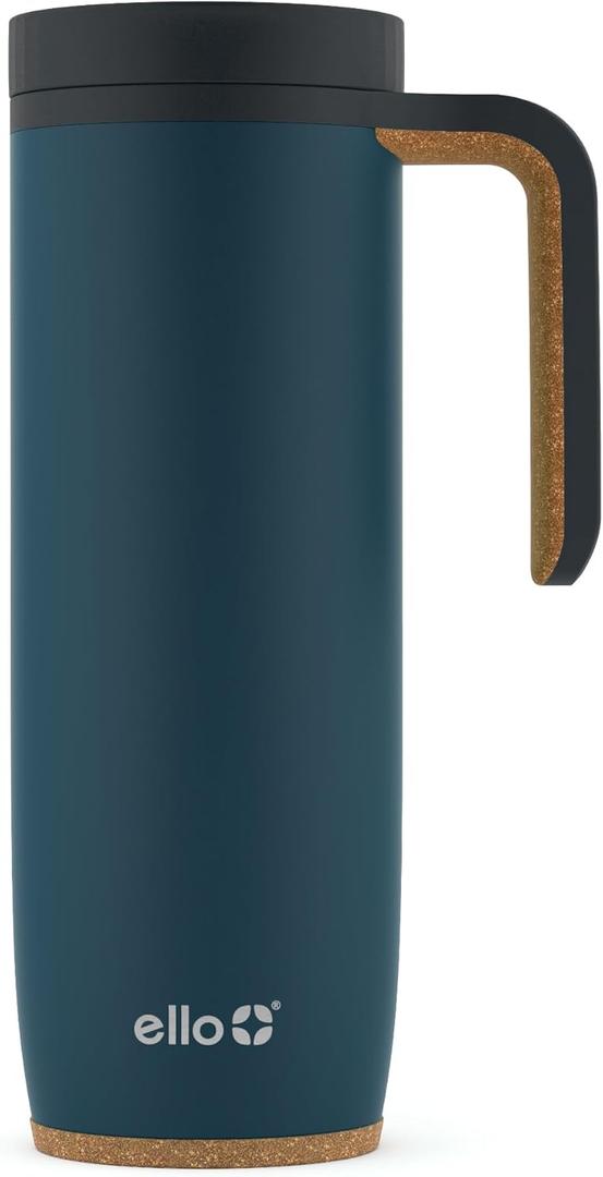 Ello Magnet 18oz Vacuum Insulated Stainless Steel Travel Mug with Side Handle and Leak-Proof Slider Lid and Built-in Coaster, Keeps Hot for 5 Hours (Poseidon)