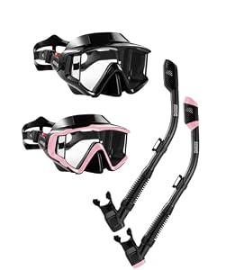 Aegend Snorkeling Gear for Adult Kid - Anti-Fog Mask with Top Dry Valve, Black and Pink