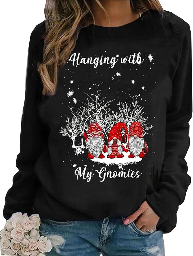 LLHXRUI Hanging With My Gnomies Sweatshirts Women Christmas Long Sleeve Pullover Shirts Funny Garden Gnome Graphic Tees Tops (Small, Black)