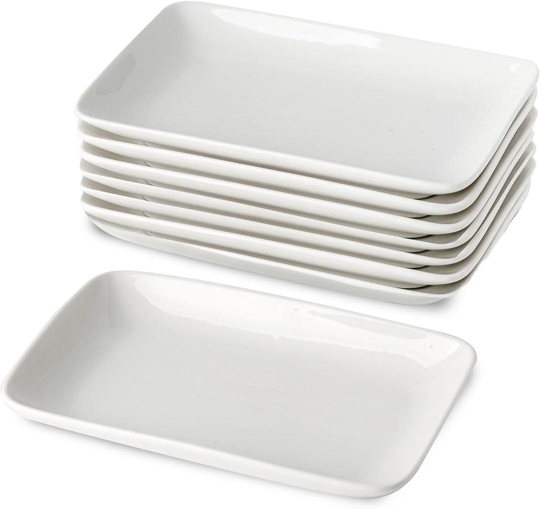 8 Inch Rectangular Appetizer Plates, Ceramic Dessert Plates, Salad Plates Set, Small White Serving Plates for Salad, Appetizer, Snack, Sushi, Microwave, Oven, Dishwasher Safe, Set of 8