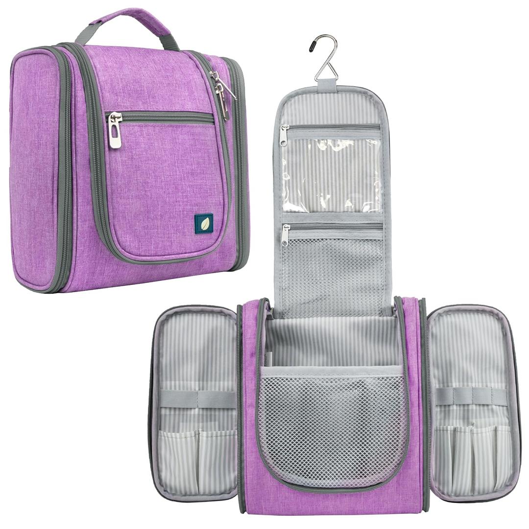 PAVILIA Toiletry Bag Travel Bag for Women Men, Hanging Cosmetic Organizer, Water Resistant Makeup Bag for Accessories Toiletries, Large Travel Essentials Kit (Purple) (Standard (9x4x9))