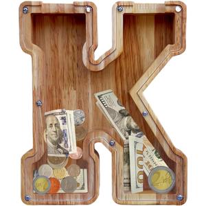 Large Piggy Bank for Kids Boys Girls, Personalized Wooden Letter Piggy Bank with Cut-Out Design, Alphabet Letter Coin Banks, Money Savings Box,Birthday Present for Kids Adults and Home Decoration (K)