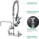 Commercial Wall Mount Kitchen Sink Faucet Brass Constructed Polished Chrome Pre-Rinse Device 25" Height 8" Center with Spring Pull Down Sprayer and 12" Add-on Spout (25 inches)