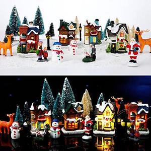 Gerrii 31 Pcs Christmas Village Figurines Decoration Set Lighted LED Christmas Village Houses with Figurines Snow Blanket Roll for Xmas Town Scene Desk Battery Operated Landscape Decor(Santa)