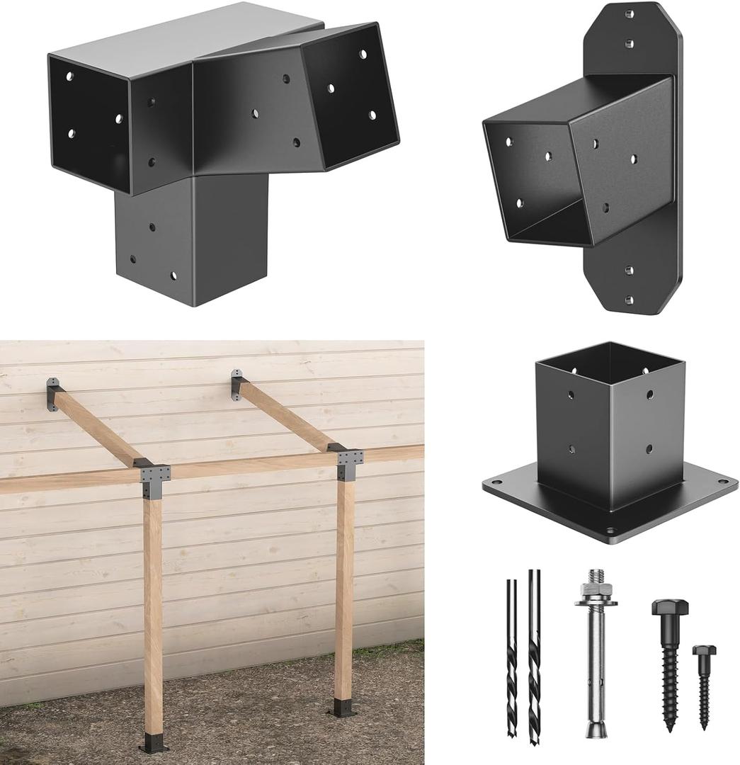 15 Wall Pergola Kits - Stainless Steel 15 Degrees Wall Mounts for 4x4 Posts(Actual 3.5" X 3.5"), Angled Pergola Construction Bracket Kit(4-Way), Black