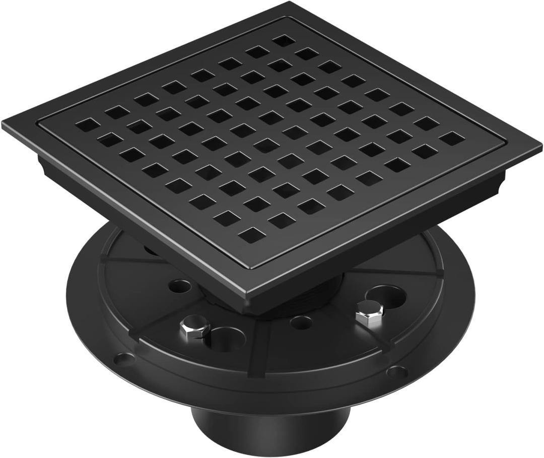 EXF Square Shower Floor Drain 6 Inch Matte Black, 304 Stainless Steel with ABS Flange, Removable Cover and Strainer for Easy Clean, Not Fit for Bathtub
