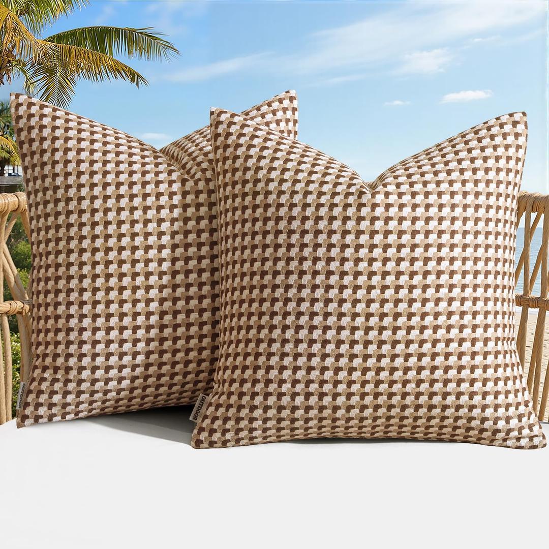 MIULEE Pack of 2 Outdoor Throw Pillow Covers Decorative Farmhouse Square Waterproof Pillows for Tent Patio Garden Balcony Sofa, 18x18 Inch Brown