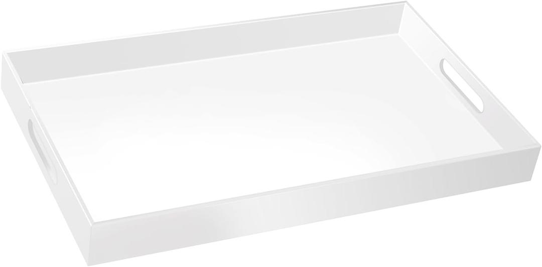 18×16 Inch Glossy White Acrylic Serving Tray with Handles Extra Large Ottoman Tray Decorative Tray Spill-Proof Coffee Table Space Saver Oversize Counter top Organizer Platter with Safe Edge