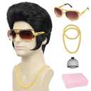 50s Disco Rock Wig with Glasses and Necklace Black Singer Rocker Costume Wigs for Men 50s 60s Funny Wig for Halloween Costume Cosplay Party Use (4pcs Set)