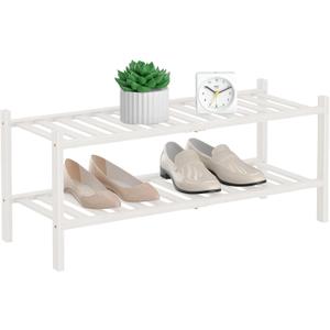 RONGJlA 2 Tier Bamboo Shoe Rack for Closet Free Standing Wood Shoe Shelf Storage Organizer for Entryway Small Space Stackable, White
