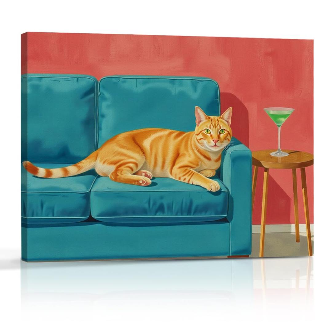 Cute Quirky Whimsical Cocktail Cat Decor Cat Gifts Wall Decor Canvas Wall Art Framed Art Prints Artwork Posters for Home Bathroom Kitchen Dining Room Bar Cart Paintings Pictures 14.5X11.5 Inch
