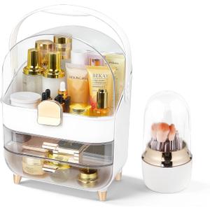 Makeup Organizer with 360 Rotating Brush Holder, Large Skincare Organizer for Vanity, Dustproof Cosmetic Display Case with 2 Drawers for Bathroom Countertop, 16" Tall Portable Beauty Storage,Gold