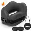 Neck Pillow Airplane Travel Set - Pure Memory Foam Neck Pillow, Plane Pillow for Long Flights Essentials, Sleeping Travel with 3D Contoured Eye Mask, Earplugs, Portable Bag (Gray)