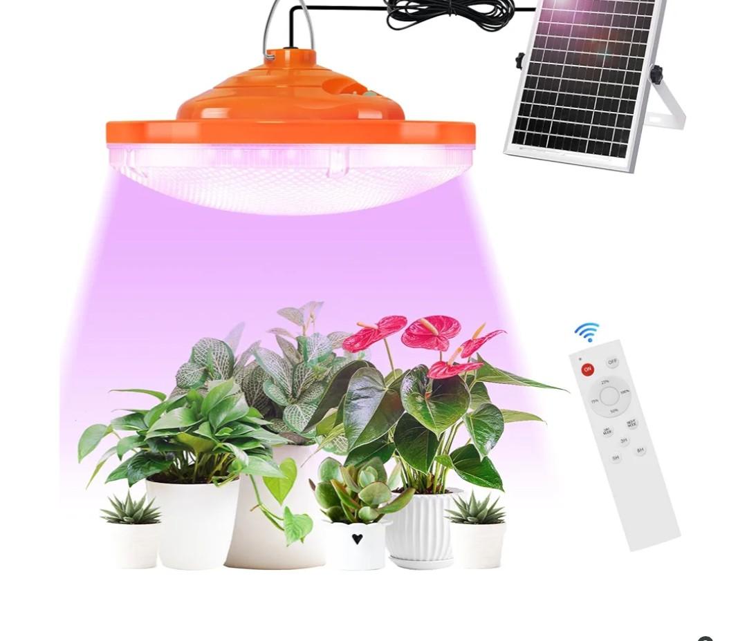96 LED Solar Grow Lights Battery Powered, Full Spectrum Hanging Grow Light for Indoor Outdoor Plants with Timer, Solar Plant Lamp for Greenhouse with Remote Control, 2 Charging Way, 16.6FT Cord