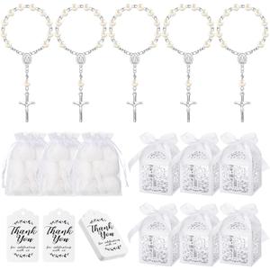 MTLEE 100 Piece Baptism Set Includes Mini Rosary Favors, Favor Boxes, Organza Bags, Thank Tags - Christian Gifts (Silver)