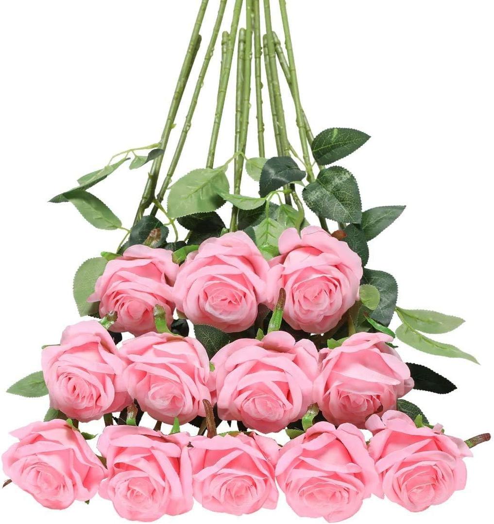 Tifuly Pink Roses Artificial Flowers - 12 pcs Realistic Single Long Stem Fake Silk Roses Bouquet for Party Home Wedding Centerpiece Office DIY Decor