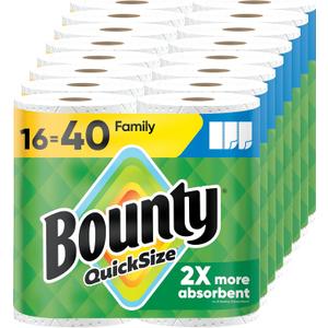 Bounty Paper Towels Quick Size, White, 16 Family Rolls = 40 Regular Rolls (16 Rolls (107 Sheets each))