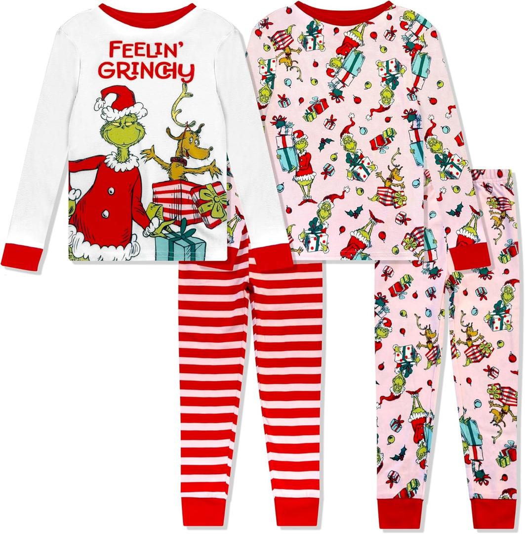 Dr. Seuss The Grinch Christmas Pajamas 4 Piece Set - Holiday Sleepwear Long Sleeve & Pants, Matching Kids Boys Girls PJ Set (12 Months, Pink-white)