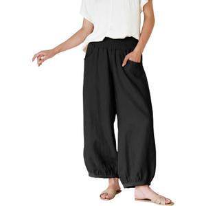 Xiaoxuemeng Womens Wide Leg Barrel Pants Cotton Linen Elastic Waist Trouser (Black, S)