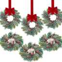 Sggvecsy 6 Pcs Christmas Candle Rings Norfolk Pine Wreath Table Centerpieces Artificial Red Berries Pinecones Small Wreaths Kitchen Cabinets Pillars Mini Candle Rings for Window Front Door Decor (9 inches diameter (6 Pieces))