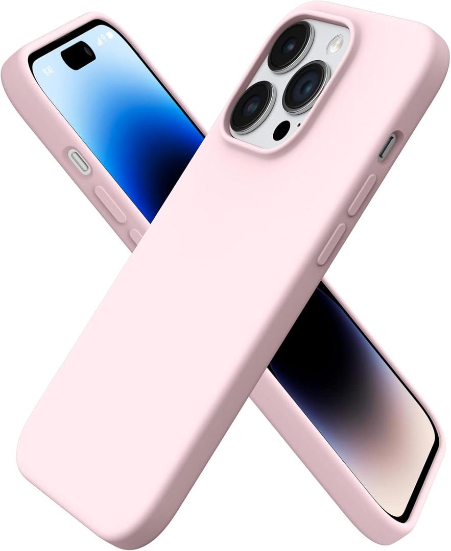 ORNARTO Compatible with iPhone 14 Pro Case 6.1, Slim Liquid Silicone 3 Layers Full Covered Soft Gel Rubber Phone Case Protective Cover with Microfiber Lining 6.1 inch-Chalk Pink