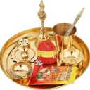 NOBILITY Brass Pooja thali 7 Inch with Kalash Kuber Diya and Other Accessories Ganesh Lakshmi Design Subh Labh Daily Puja Thali Set for Festival Home Office Mandir Diwali Gift Items