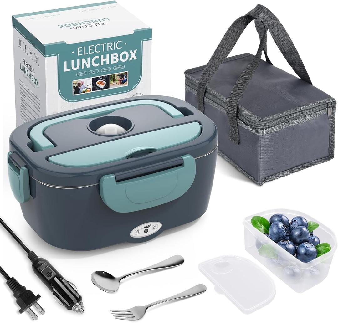 Electric Lunch Box Food Heater, 3 in 1 Ultra Quick Heated Lunch Boxes for Adults, 12V/24V/110V Portable Food Warmer for Car/Truck/Office With Fork Spoon and Insulated Carry Bag (Gray)