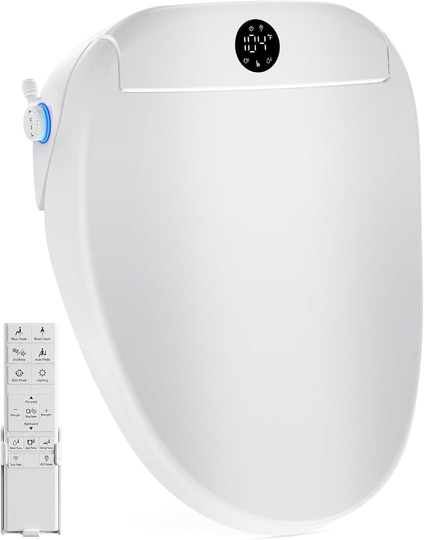 Launs Bidet Toilet Seat Elongated, Electric Bidet Seat for Bathroom 225 | with Instant Warm Water, Warm Air Dryer, Self-Cleaning Nozzle, Soft Close Lid, Night Light
