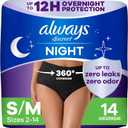 Always Discreet Adult Incontinence Overnight Underwear for Women, Small/Medium, Up to 100% Bladder Leak Protection, 14 Count, Size 2-14