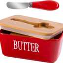 Red Butter Dish with Lid for Countertop, Large Ceramic Covered Butter Stick Holder Container for Fridge 