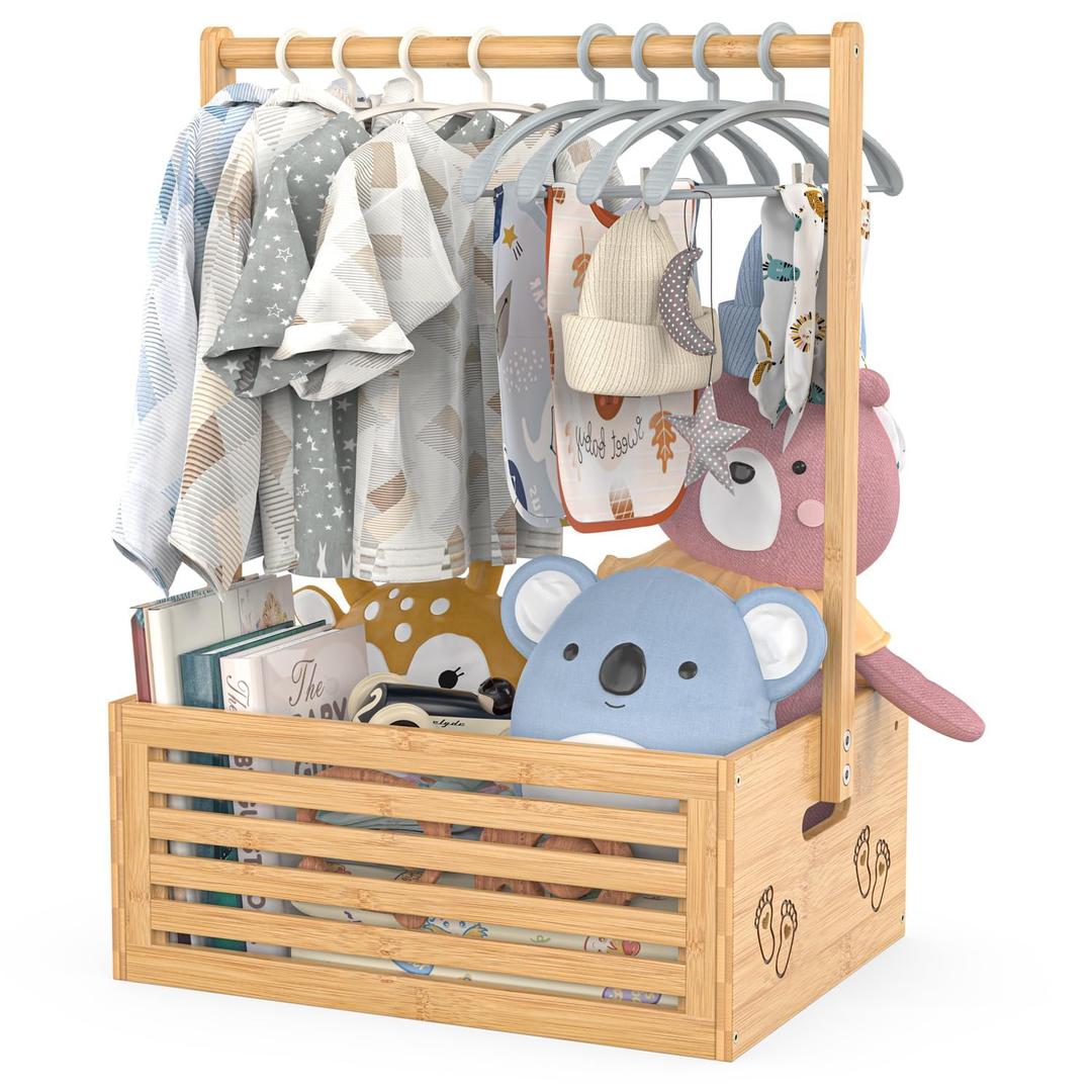 BAMBOOHOMIE Baby Shower Crate Closet, Baby Baskets with Hangers Handle, Baby Crate Box for Baby Shower, Welcome Gift Basket for Newborn Baby, Pregnancy Gift for New Parents (Natural, Large Size)