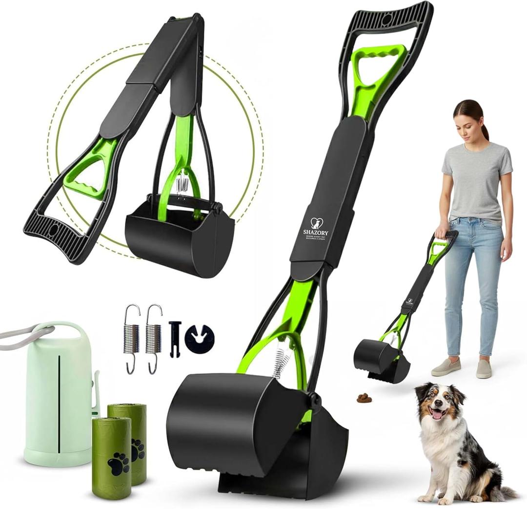 SHAZORY Pooper Scooper for Large Small Dogs, 28" Folding Dog Poop Scooper with Attached Bag Dispenser, Sturdy Spring and Premium Materials, Easy to Use for Grass, Dirt, Gravel Pick Up Shovel