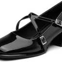 NEWBELLA Women's Retro Mary Janes - Patent Leather Chunky Heel Pumps with Cross Strap & Square Toe, Comfortable French Style Dress Shoes for Work & Daily Wear, Dark Black 10