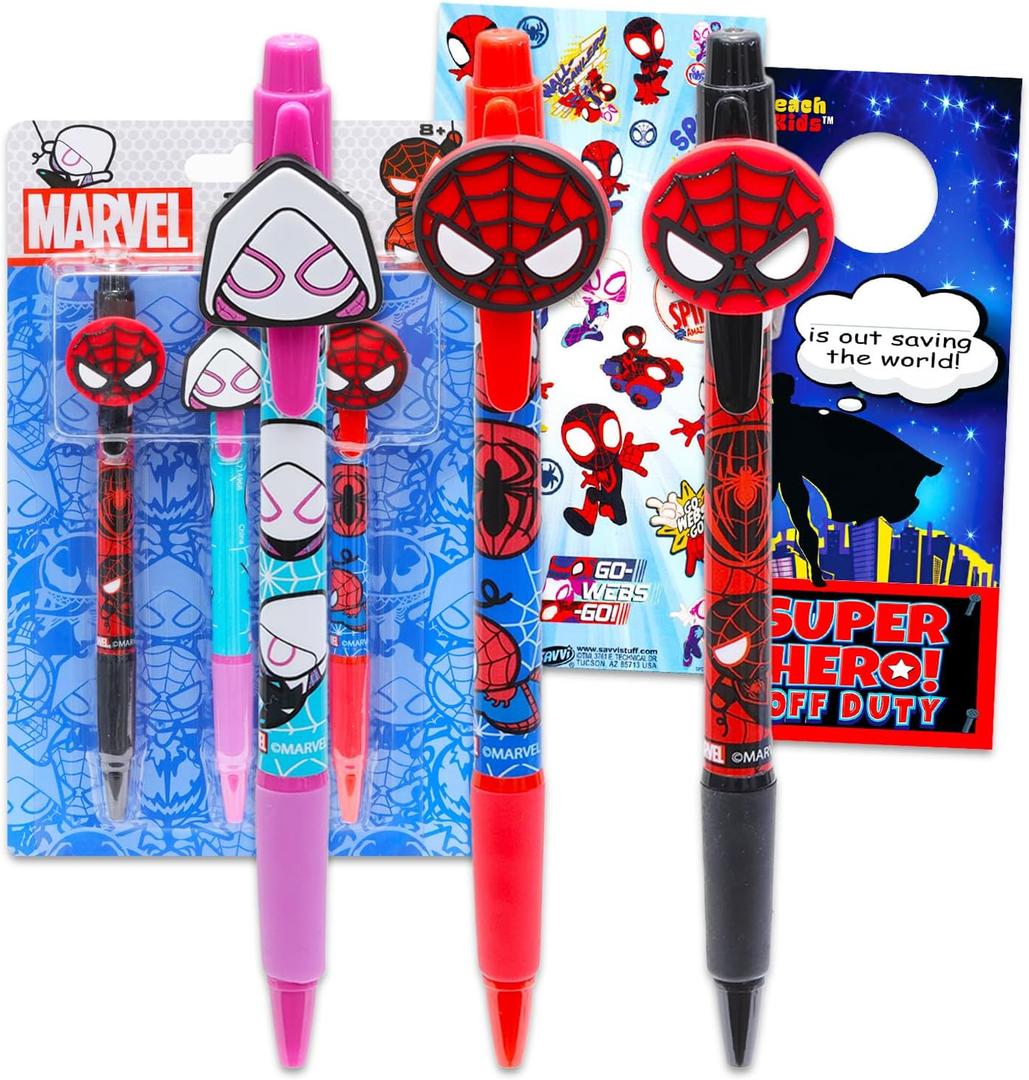 Spidey and Friends Pens for Kids - 3 Pc Ballpoint Pens Gift Bundle Writing Set Featuring Miles Morales, Gwen Stacy, and Peter Parker Plus Stickers, Door Hanger | School Supplies