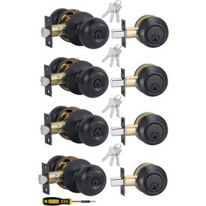All Keyed Alike Entry Door Knobs and Single Cylinder Deadbolt Lock Combo Set, Security for Entrance and Front Door with Flat Ball Classic Matte Black Finish by Lanwandeng, 
4 Sets