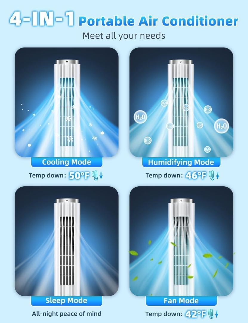42 INCH Portable Swamp Cooler Air Conditioner w/4 Modes & 3 Speeds, 1-Gal Tank for 15H Cooling Evaporative Air Cooler, 12H Timer, Remote, 90° Oscillating Windowless Air Conditioner for Bedroom