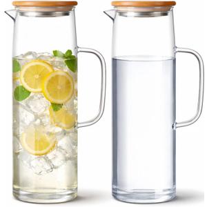 Hsei 2 Sets Glass Pitcher with Lid, 50 oz / 1500 ml Water Carafe with Handles Hot Cold Beverage Water Jar Glass Jug for Tea Juice Milk Coffee Iced Beverage
