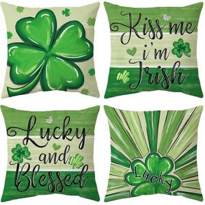 St Patricks Day Pillow Covers 18x18 inch Set of 4 Green Shamrock Decorative Irish Throw Pillows Cushion Cases for Sofa Couch Bedroom Holiday Home Decoration (Lucky and Blessed)