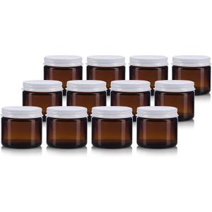 (12 pack) 2 oz / 60 ml Amber Thick Glass Straight Sided Jar with White Metal Airtight Lid