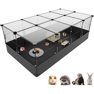 Tresbro Guinea Pig Cage with Top Cover & 12 Panels, Triple Fixing Measures Small Animal Playpen with Waterproof PVC Liner & One-Motion Hooks, 48 x 24 x 16 C&C Grids Cage for Bunny, Hedgehog, Hamster