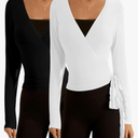SweatyRocks Women's 2 Pack Long Sleeve Ballet Pilates Yoga Wrap Shirts Tie Front Workout Tops, Size S