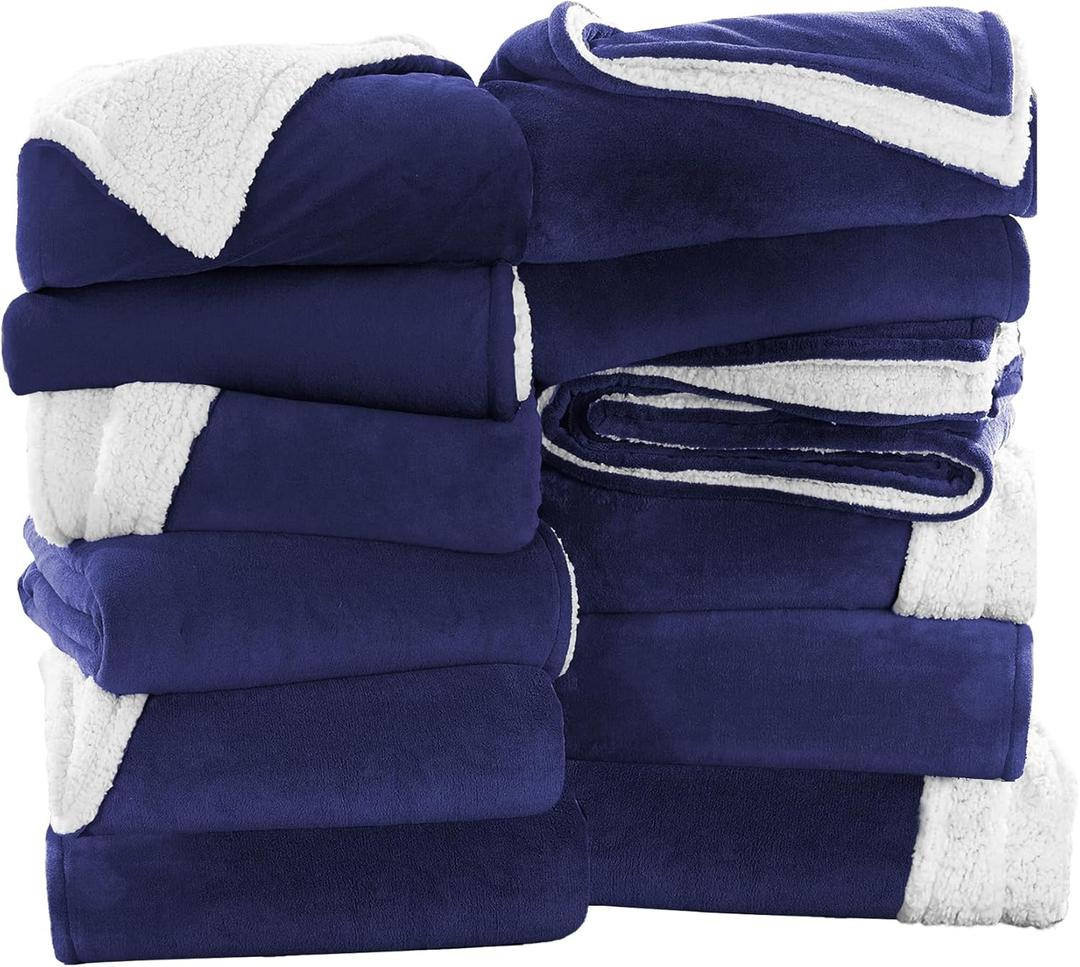 IR Imperial Rooms Navy Sherpa Fleece Throw Blanket Twin Size for Bed - Wholesale Bulk Pack of 12 Sherpa Blankets - Soft Fluffy Throw Blankets for Hotels, Guest Bedroom, 60x80 Inches