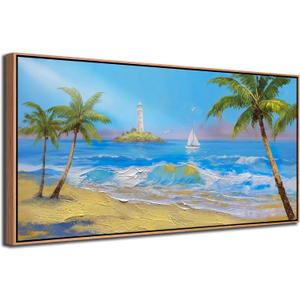 Ateliart Framed Landscape Coastal Wall Art Living Room, Seascape Canvas Painting Blue Ocean Bedroom Large Picture Textured Artwork Kitchen Dining Room Home Office Wall Decor Wood 48"x24"