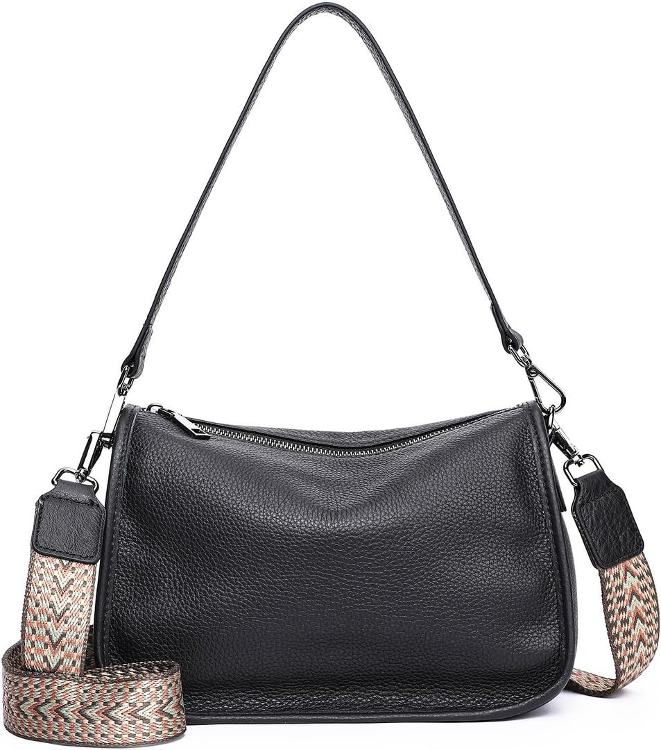 Genuine Leather Crossbody Bag Womens Lightweight Shoulder Purse ladies Small Hobo Handbag (Black)